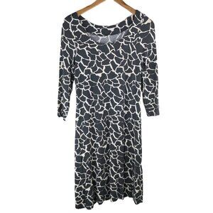 Three Dots 3/4 Sleeve Dress Womens Medium Scoop Neck Black White Giraffe Animal